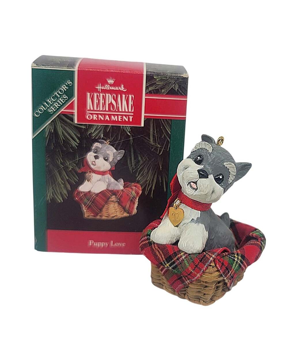 Vtg 1992 Hallmark Puppy Love 2nd Series Schnauzer Dog Basket Christmas Ornament